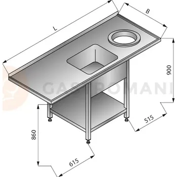 Nerezový dřez Stůl s jednokomorovým dřezem a otvorem na odpadky a policí vpravo, 1800x700x900 mm | LOZAMET, LO351/P