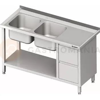 Kuchyňská linka Stůl nerezový s dřezem dvoukomorovým na levé straně s blokem se dvěma zásuvkami a policí 1600x700x850 mm | STALGAST, 981087160