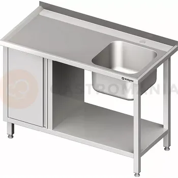 Kuchyňská linka Stůl nerezový s dřezem jednokomorovým na pravé straně se skříňkou a policí 1700x700x850 mm | STALGAST, 980977170