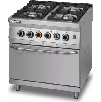 Sporák Plynový sporák 4 hořáky a elektrickou troubou a termooběhem GN 2/1, 900x900x900 mm | LOZAMET, L900.KG4-PET