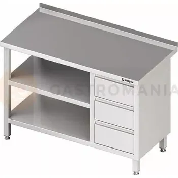 Kuchyňská linka Stůl nerezový přístěnný s blokem se třemi zásuvkami na pravé straně a s dvěmi policemi 1800x600x850 mm | STALGAST, 980416180