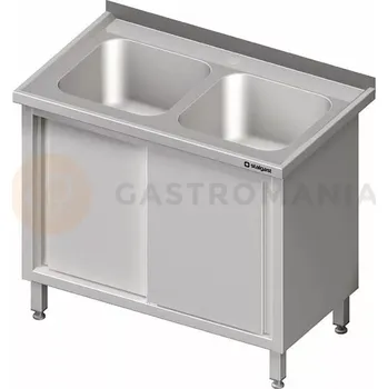 Kuchyňská linka Stůl nerezový s dřezem dvoukomorovým se skříňkou s posuvnými dvířky 1000x600x850 mm | STALGAST, 980896100