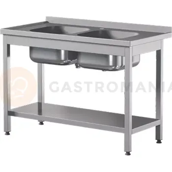 Nerezový dřez Přístěnný nerezový stůl s poličkou a dvoukomorovým dřezem 1200x600x850 mm | ASBER, STW-126/2-PL-S