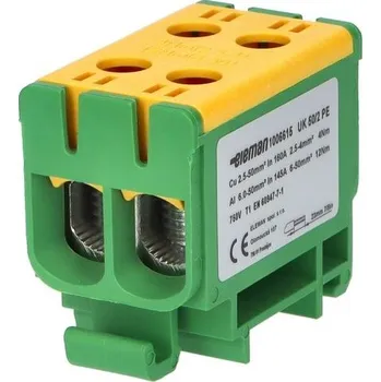 Svorka univerzální UK 50/2 PE, 160A, 1pól., AL/CU, krytá, zel.-žl., na DIN, ELEMAN 1006615