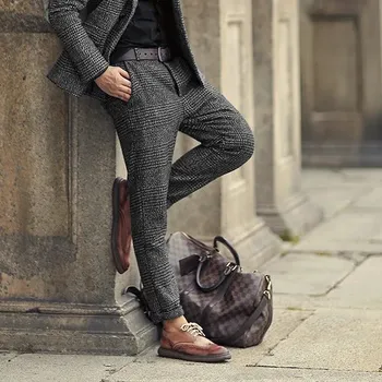Pánské kalhoty Kostkované pánské kalhoty Classic Fit Tweed Barva: Šedá, Velikost: 28