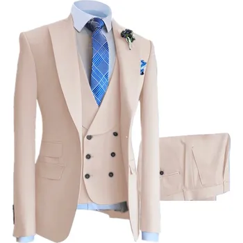 Luxusní svatební oblek na svatbu s dvouřadou vestou Barva: Béžová, Velikost: 4XL