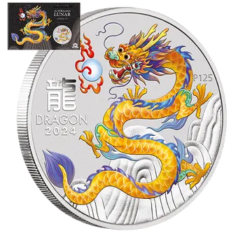 Lunární série III. - stříbrná mince Year of the Dragon - Yellow Dragon (Rok draka) 1 Oz 2024 Color karta (Melbourne Coin Show)