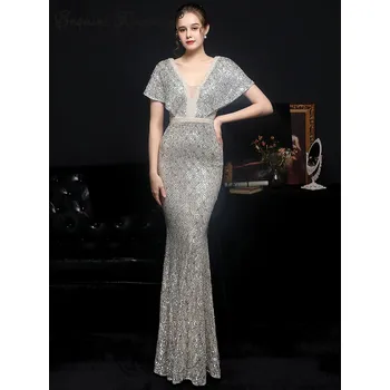 Dámské šaty Maxi plesové šaty Sequins SQ687 Barva: Stříbrná, Velikost: M