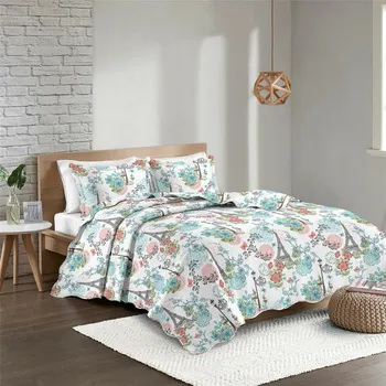 Povlečení Přehoz na postel Eiffelovka květy, 230 x 250 cm, 2 ks 50 x 70 cm, modrá