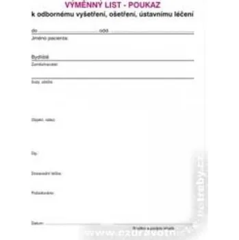 Tiskopis VÝMĚNNÝ LIST POUKAZ NA VYŠETŘENÍ A6 blok 100 listů