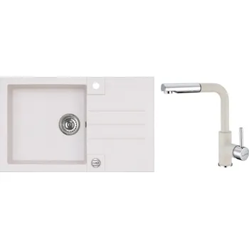Granitový dřez Alveus Set Rock 130 Granitový dřez s odkapem 780x480 mm + baterie Siros 11, Bílá, SETA22216