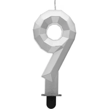Dortová svíčka Svíčka číslo 9 - Diamant, stříbrná metalíza, 7,6 cm