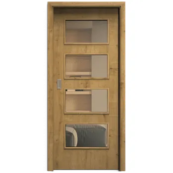 Interiérové dveře SAPELI SWING KOMFORT M49 - CPL LAMINÁT - POSUVNÉ DVEŘE VČ. ZÁRUBNĚ - Dub sukatý Průchozí šířka (cm): 70, Průchozí výška (cm): 197, Typ skla: Planibel bronz