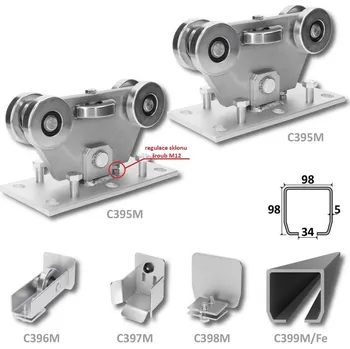Pohon brány sada pro nesenou bránu C Set Medio/Fe - kování pro posuvné brány, C profil černý 98 x 98 x 5 mm, 6 m, 2 x vozík, kapsa, kolo