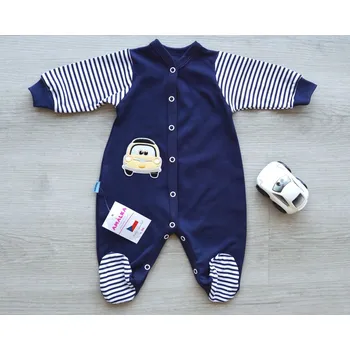 AMÁLKA Bavlněný, modrý overal s pruhy, žluté autíčko Velikost: 68