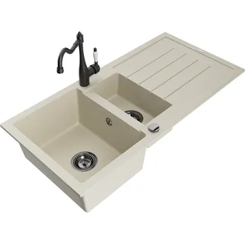 Granitový dřez MEXEN/S - Andres granitový dřez s odkapávačem včetně baterie Carla, béžová 6515-69-670700-70