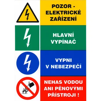 Značení Pozor elektrické zařízení Hlavní vypínač Vypni v nebezpečí Nehas vodou (samolepka A5)