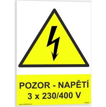 Pozor napětí 3 x 230/400 V Plast 148 x 210 mm (A5) tl. 0.5 mm - Kód: 08491