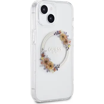 Telefonní příslušenství Zadní kryt Guess PC/TPU Flowers Ring Glossy Logo MagSafe pro Apple iPhone 15, transparentní