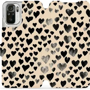 Pouzdro na mobilní telefon Flipové pouzdro Mobiwear - Xiaomi Redmi Note 10 / 10S - VA51S Černá srdíčka (Knížkové flip pouzdro, obal, kryt na mobil Xiaomi Redmi Note 10 / 10S - VA51S Černá srdíčka, materiál Umělá kůže + TPU - ochrana 360°, stojánek, silikonová vanička, magnetické)
