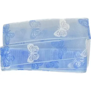Stuha Stuha taftová SPRING BUTTERFLY modrá 25mm x 2m (7,50 Kč/m) (Skládaná taftová stuha, průsvitná, oboustranná, s vetkaným vlascem v lemu )