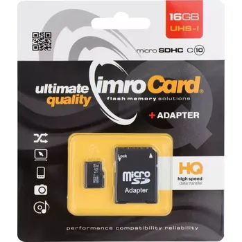 Paměťová karta Paměťová karta micro SDHC 16GB Imro Class 10 + SD adaptér (Paměťová karta micro SDHC od firmy Imro s kapacitou 16GB)