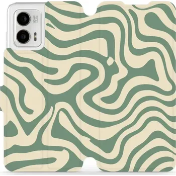 Pouzdro na mobilní telefon Flipové pouzdro Mobiwear - Motorola Moto G73 5G - VA57S Zelené a béžové zkrouceniny (Knížkové flip pouzdro, obal, kryt na mobil Motorola Moto G73 5G - VA57S Zelené a béžové zkrouceniny, materiál Umělá kůže + TPU - ochrana 360°, stojánek, silikonová vaničk