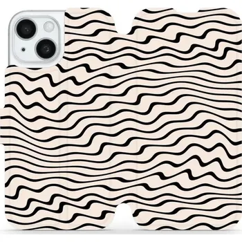 Pouzdro na mobilní telefon Flipové pouzdro Mobiwear - Apple iPhone 15 - VA62S Vlnky na béžové (Knížkové flip pouzdro, obal, kryt na mobil Apple iPhone 15 - VA62S Vlnky na béžové, materiál Umělá kůže + TPU - ochrana 360°, stojánek, silikonová vanička, magnetické zavírání)