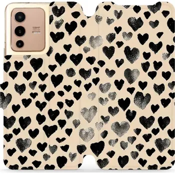Pouzdro na mobilní telefon Flipové pouzdro Mobiwear - Vivo V23 5G - VA51S Černá srdíčka (Knížkové flip pouzdro, obal, kryt na mobil Vivo V23 5G - VA51S Černá srdíčka, materiál Umělá kůže + TPU - ochrana 360°, stojánek, silikonová vanička, magnetické zavírání)