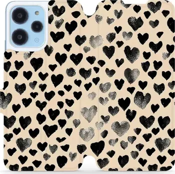 Pouzdro na mobilní telefon Flipové pouzdro Mobiwear - Xiaomi Redmi 12 - VA51S Černá srdíčka (Knížkové flip pouzdro, obal, kryt na mobil Xiaomi Redmi 12 - VA51S Černá srdíčka, materiál Umělá kůže + TPU - ochrana 360°, stojánek, silikonová vanička, magnetické zavírání)