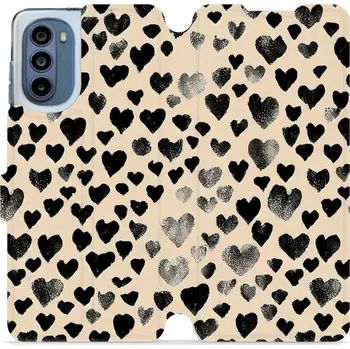 Pouzdro na mobilní telefon Flipové pouzdro Mobiwear - Motorola Moto G62 5G - VA51S Černá srdíčka (Knížkové flip pouzdro, obal, kryt na mobil Motorola Moto G62 5G - VA51S Černá srdíčka, materiál Umělá kůže + TPU - ochrana 360°, stojánek, silikonová vanička, magnetické zavírání)