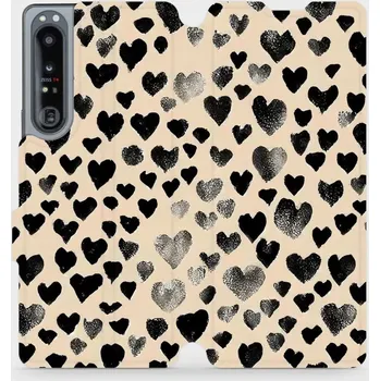 Pouzdro na mobilní telefon Flipové pouzdro Mobiwear - Sony Xperia 1 IV - VA51S Černá srdíčka (Knížkové flip pouzdro, obal, kryt na mobil Sony Xperia 1 IV - VA51S Černá srdíčka, materiál Umělá kůže + TPU - ochrana 360°, stojánek, silikonová vanička, magnetické zavírání)