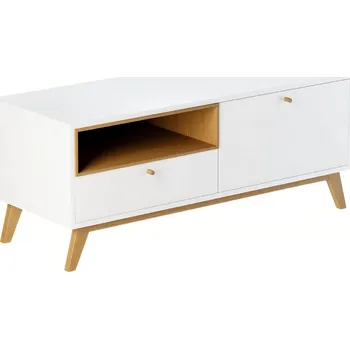 Televizní stolek ARBYD Bílý TV stolek Thia s dubovou podnoží 120 x 45 cm