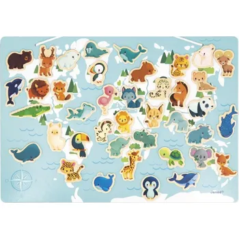 Dřevěná hračka Magnetická mapa světa - Kde žijí zvířátka - 40 ks