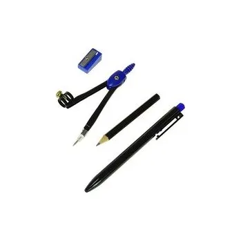 Set školních potřeb Cyrkiel, ołówek, długopis, temperówka w etui MIX