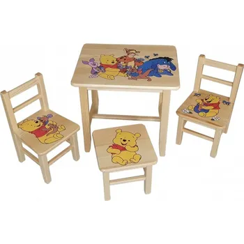 Jídelní set dětský stoleček a židličky z borovice Medvídek Pú NR3 1S+2K+1T mixdre
