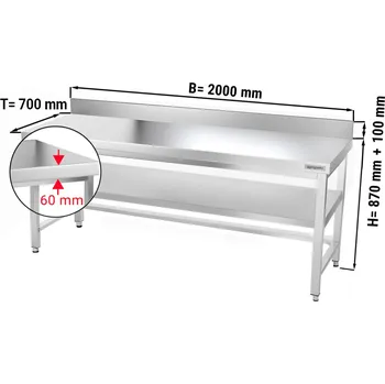 Jídelní stůl G.Gastro Pracovní stůl PREMIUM z nerezové oceli - 2,0 m - se spodní policí, obkladovým panelem & výztuhou