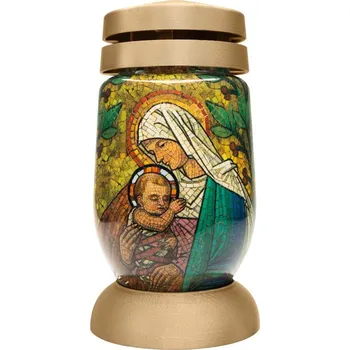 Smuteční dekorace Kahanec Bolsius S03 3D Mária s Ježišom, vitráž, 22 cm, na hrob, s náplňou 36 h