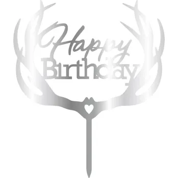 Jedlá dekorace na dort Cesil plastový zápich do dortu stříbrný Happy Birthday s parohy