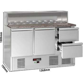 Lednice G.Gastro Saladette / Chladicí stůl na pizzu ECO - 1,37 x 0,7 m - se 2 dveřmi & 2 šuplíky 1/2