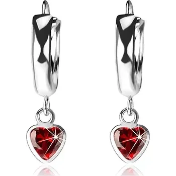 Náušnice Náušnice ze stříbra 925, hladký lesklý kroužek, červené zirkonové srdíčko