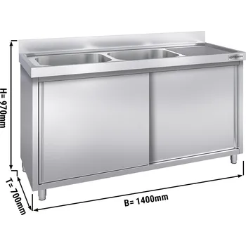 Kuchyňská skříňka G.Gastro Dřezová skříňka PREMIUM z nerezové oceli - 1,4 m - 2 dřezy vlevo - D 40 x Š 50 x H 25 cm