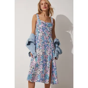 Dámské šaty Štěstí İstanbul Dámské Růžové Modré Čtvercový Límec Květinové Letní Viskózové Šaty Happiness İstanbul Other 2316944