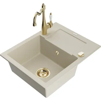 Kuchyňský dřez Mexen Enzo 1miskový granit dřez s odkapem a baterií Carla, béžová 6506-69-670700-50