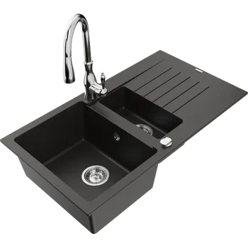 Granitový dřez Mexen Matias granitový dřez 1,5-komorový s odkapávačem a kuchyňskou baterií Savita, černý/zlatý - 6502-75-672601-00 Granitové dřezy s baterií