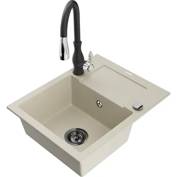 Kuchyňský dřez Mexen Enzo 1miskový granit dřez s odkapem a baterií Savita, béžová 6506-69-672601-70