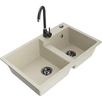 Granitový dřez Mexen Tomas granitový dvoukomorový dřez s kuchyňskou baterií Telma, béžový - 6516-69-670200-70 Granitové dřezy s baterií