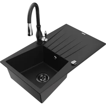 Granitový dřez Mexen Cesar granitový dřez 1-komorový s odkapávačem a kuchyňskou baterií Savita, černý - 6514-77-672601-70-B Granitové dřezy s baterií