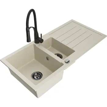 Granitový dřez Mexen Andres 1,5 granit dřez s odkapem a baterií Aster, béžová 6515-69-73450-70-B