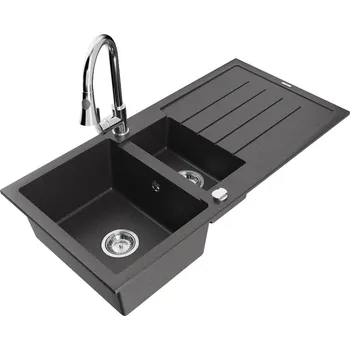 Granitový dřez Mexen Andres 1,5 granit dřez s odkapem a baterií Elia, černá 6515-76-670101-00